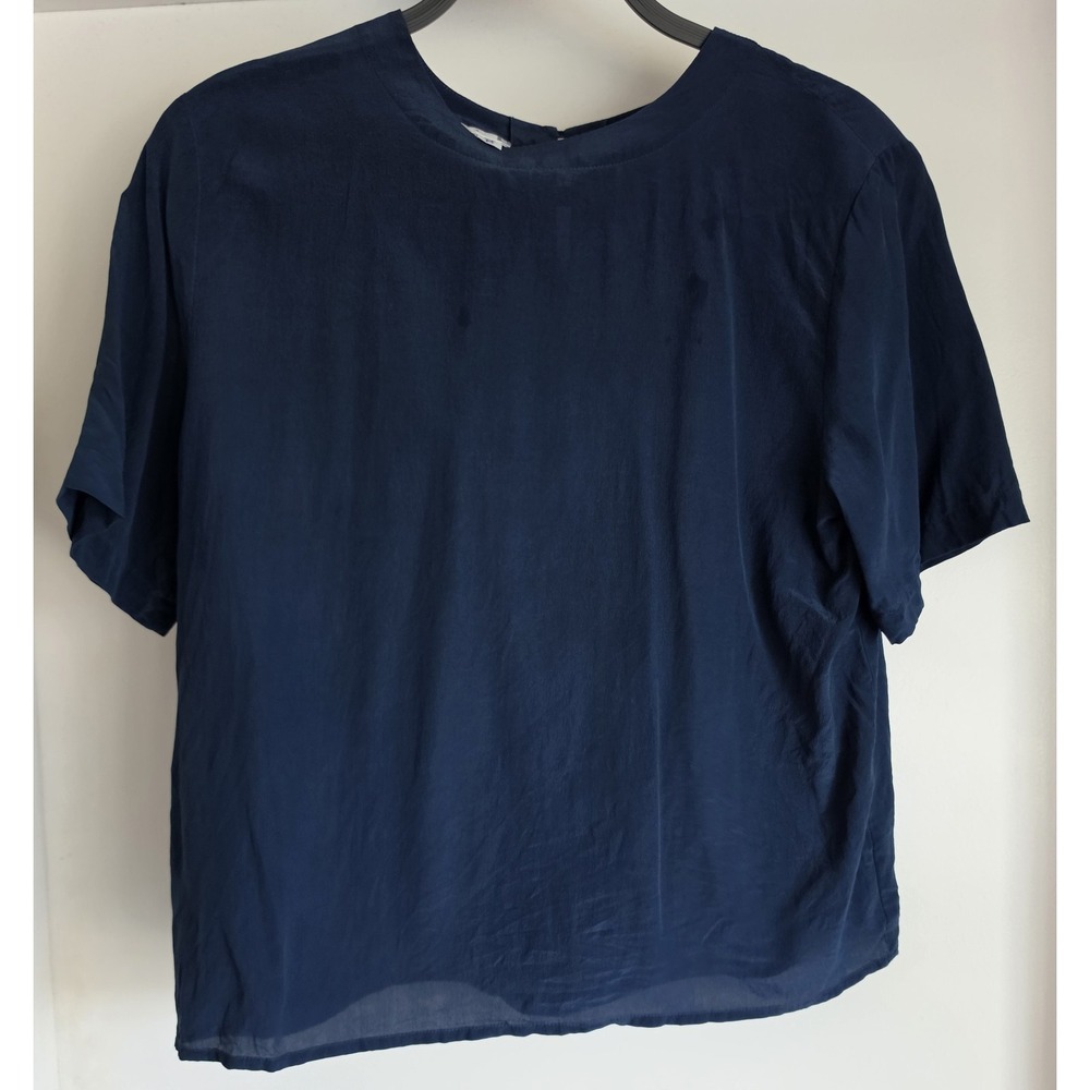 Vintage Diversity Blouse Women's M Blue 100% Silk Short Sleeve Top Shirt Luxury